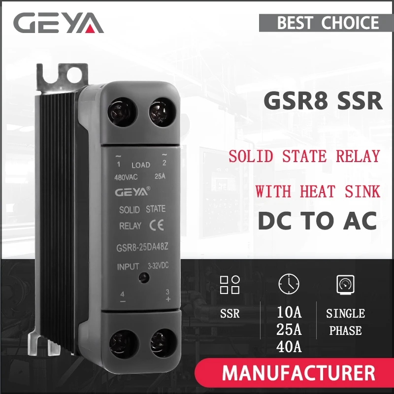 GEYA المبرد SSR 22.5 مم عرض نحيف GSR8 مرحل الحالة الصلبة مع بالوعة الحرارة تيار مستمر إلى تيار متردد مرحلة واحدة SSR 10A 25A 40A