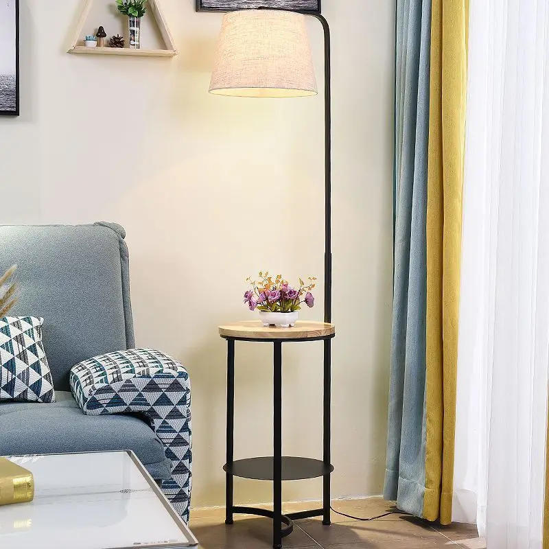Modern Nordic Minimalist Solid Wood Standing Lamp with Storage Shelf Multi Function for Living Room