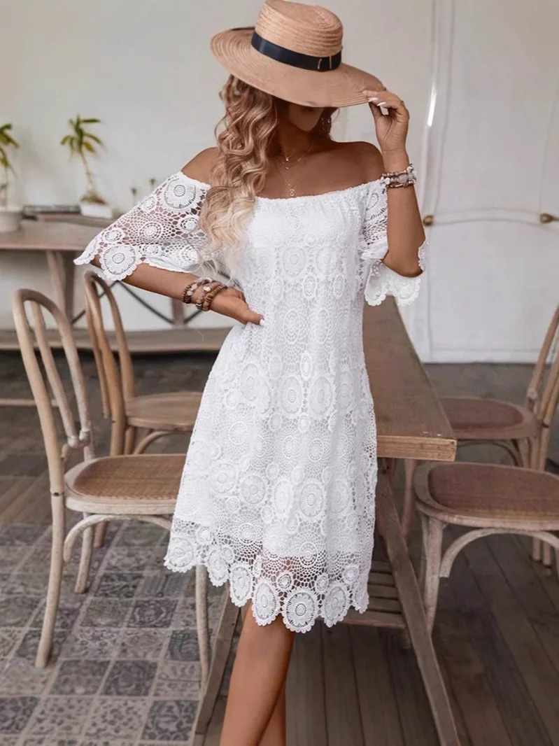 2025 Romantico abito in misto cotone con spalle scoperte Pizzo floreale Midi Vita smock Traspirante Manica a 3/4 Resort Invitato a un matrimonio A-Line