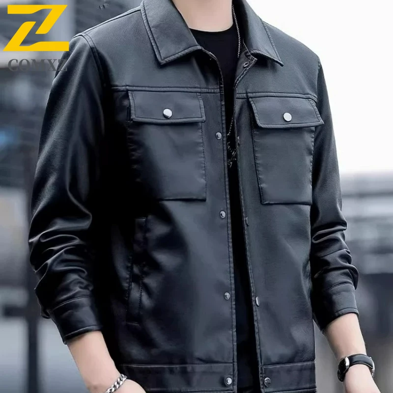 

COMXZ повседневная мужская кожаная куртка с воротником-стойкой, удобное пальто для езды на велосипеде, легкое осеннее кожаное пальто премиум-класса для путешествий