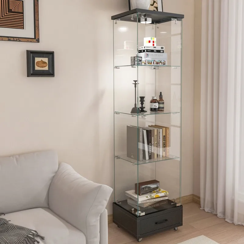 

Быстрая сборка стеклянный шкаф-витрина со светодиодной подсветкой, ящик, 4 полки, черный натуральный ящик для хранения для гостиной, спальни