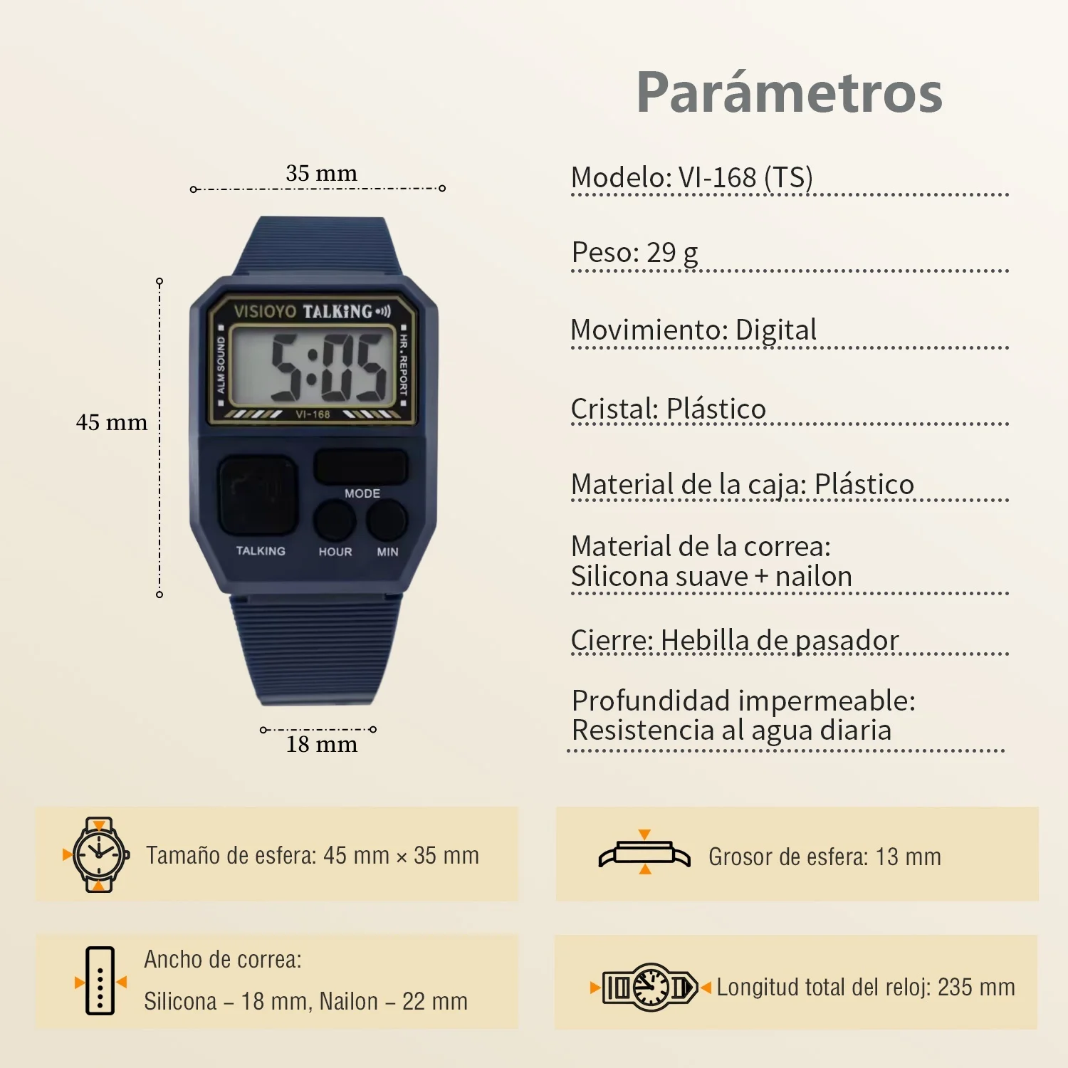 ساعة نقاش اسباني للمكفوفين وضعاف البصر، مع توقيت/إنذار مدمن، لكبار السن ومستخدمين منخفض الرؤية