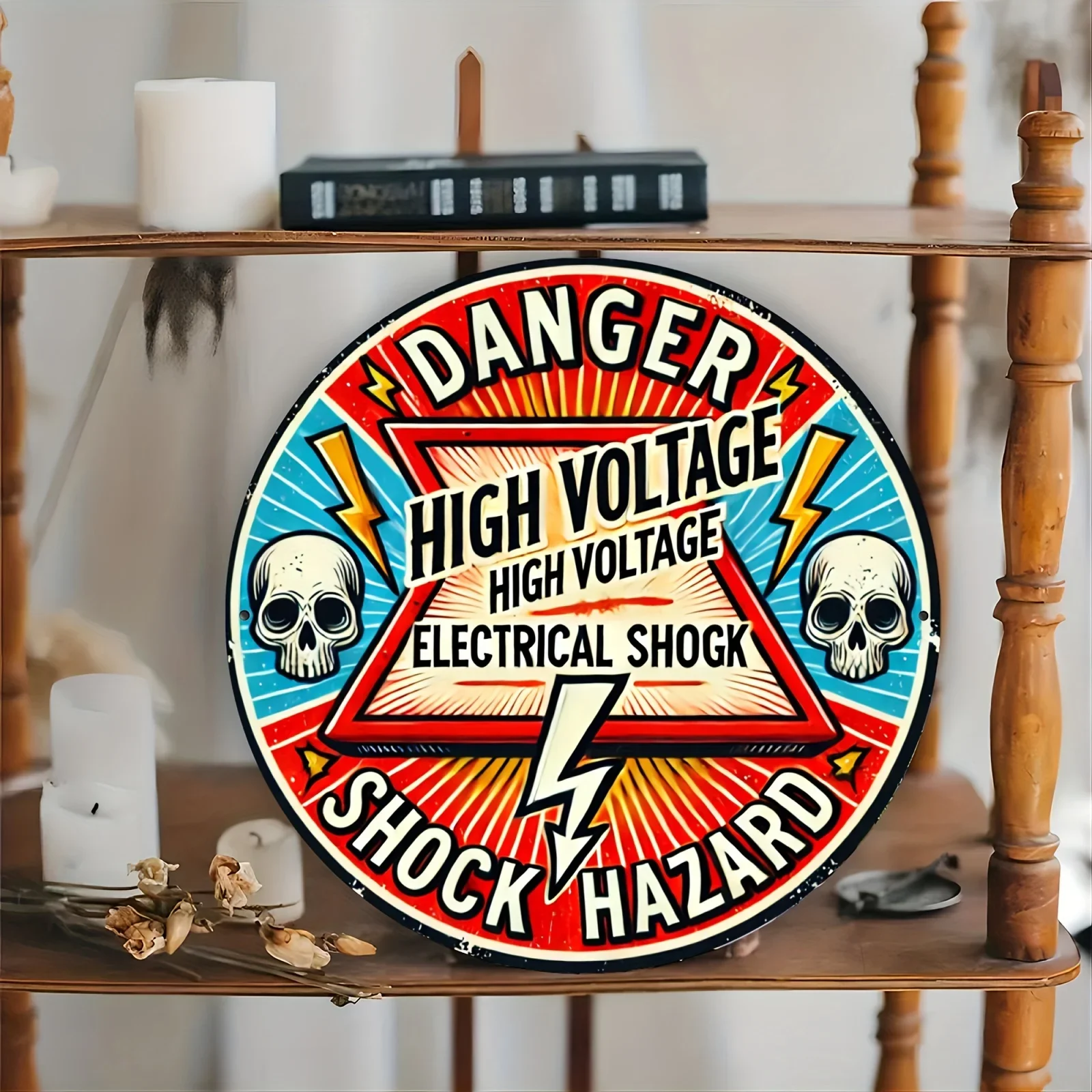 Vintage Electric Shock Warning Sign – 20.32x20.32cm Round Aluminum High Voltage Safety Plaque for Home, Garage, Cafe & Farmhouse