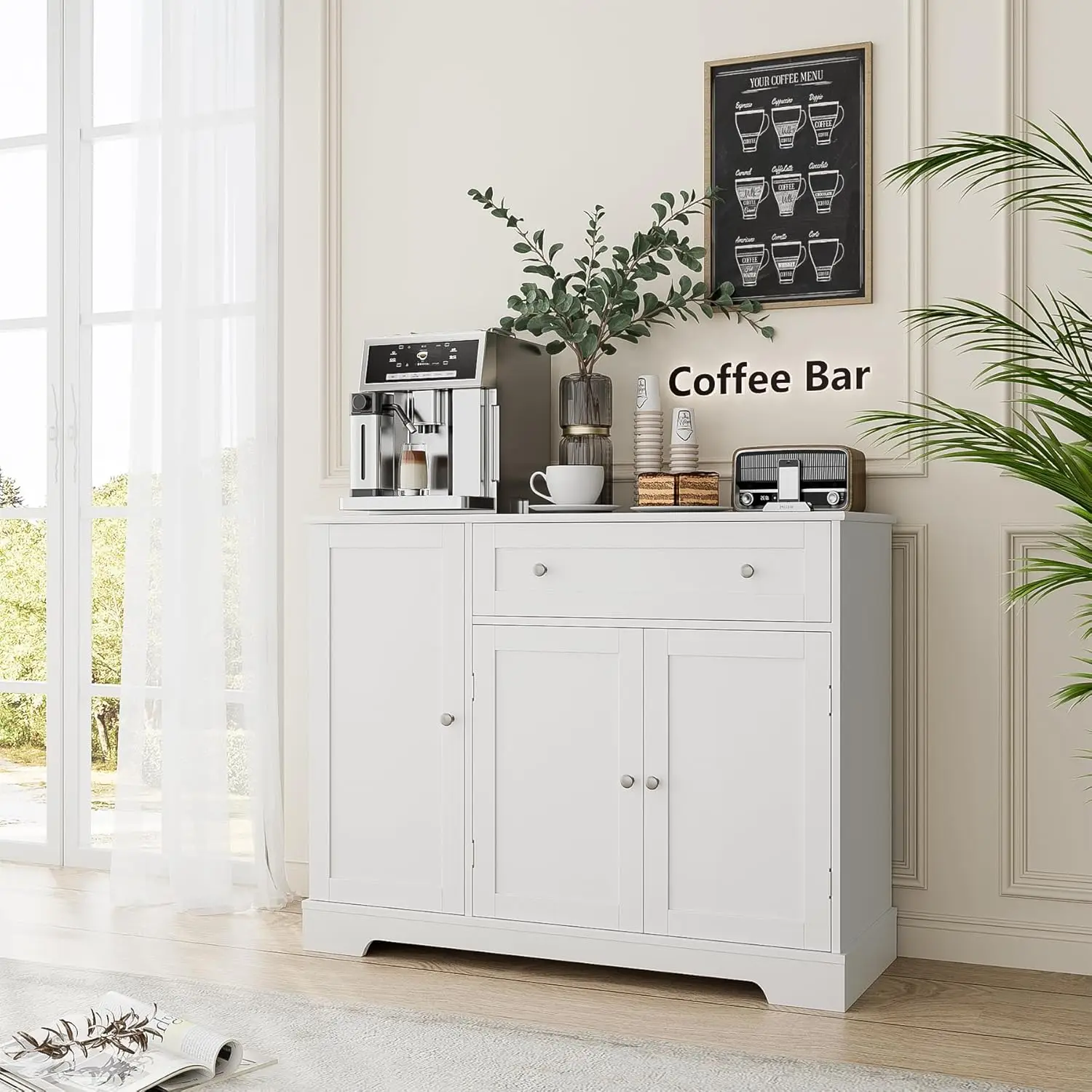 Aparador Buffet Cabinet with Doors, Armazenamento de madeira, Armário de cozinha moderno com gaveta, Coffee Bar