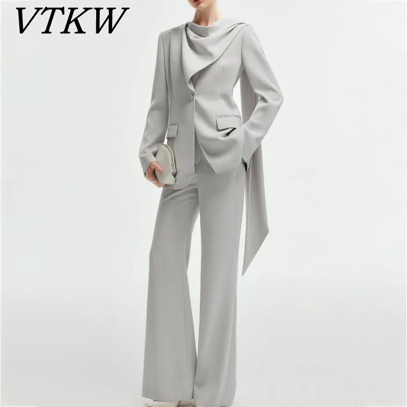 

VTKW Women Spring 2025 New Fashion High Quality Solid Color Blazer Wide Leg Pants Set Scarf Collar Single Breasted Slim Office