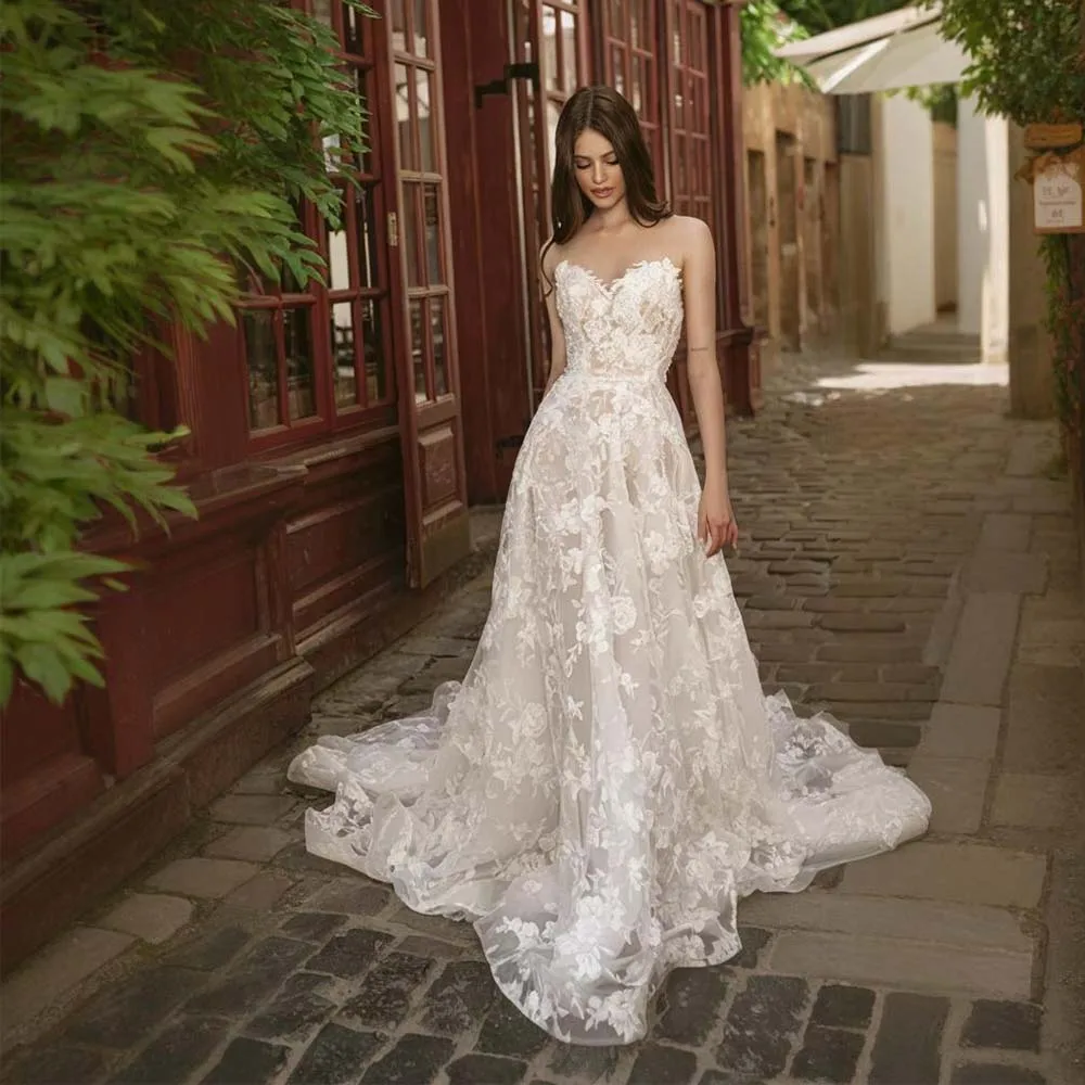Customized A-Line Wedding Dress For Women Sexy Vintage Sweetheart Flowers Appliques Delicate Wedding Gown Vestidos De Novia