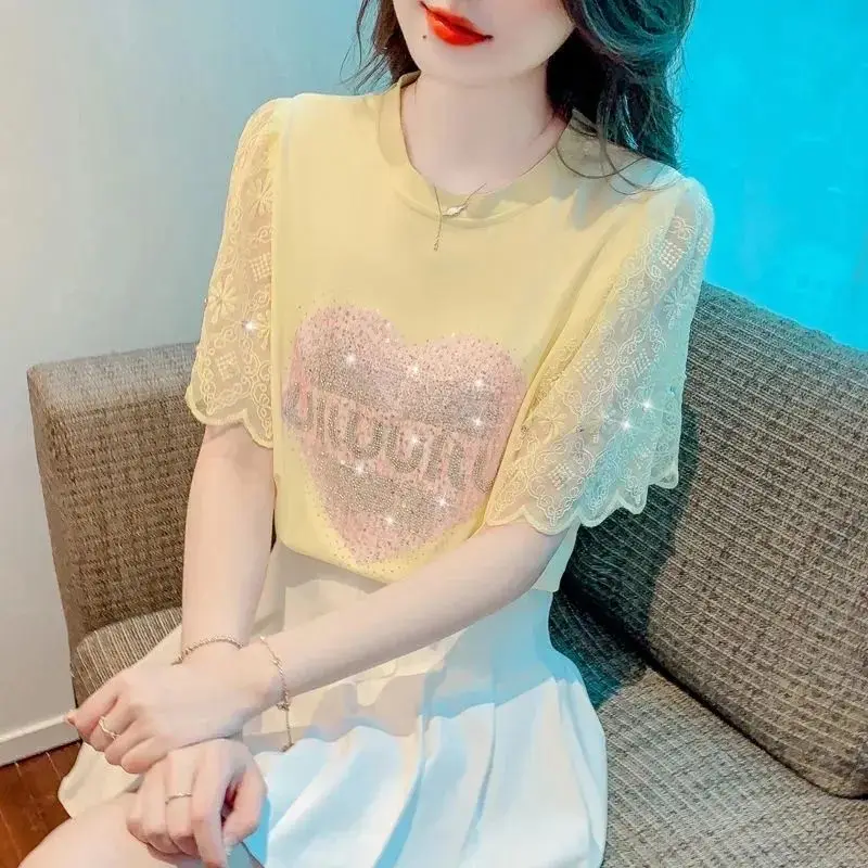 Women Summer Fashion Diamonds Lace O-neck Short Sleeve T-Shirt Ladies Casual Office Lady Loose Appear Thin All-match Trend Tops