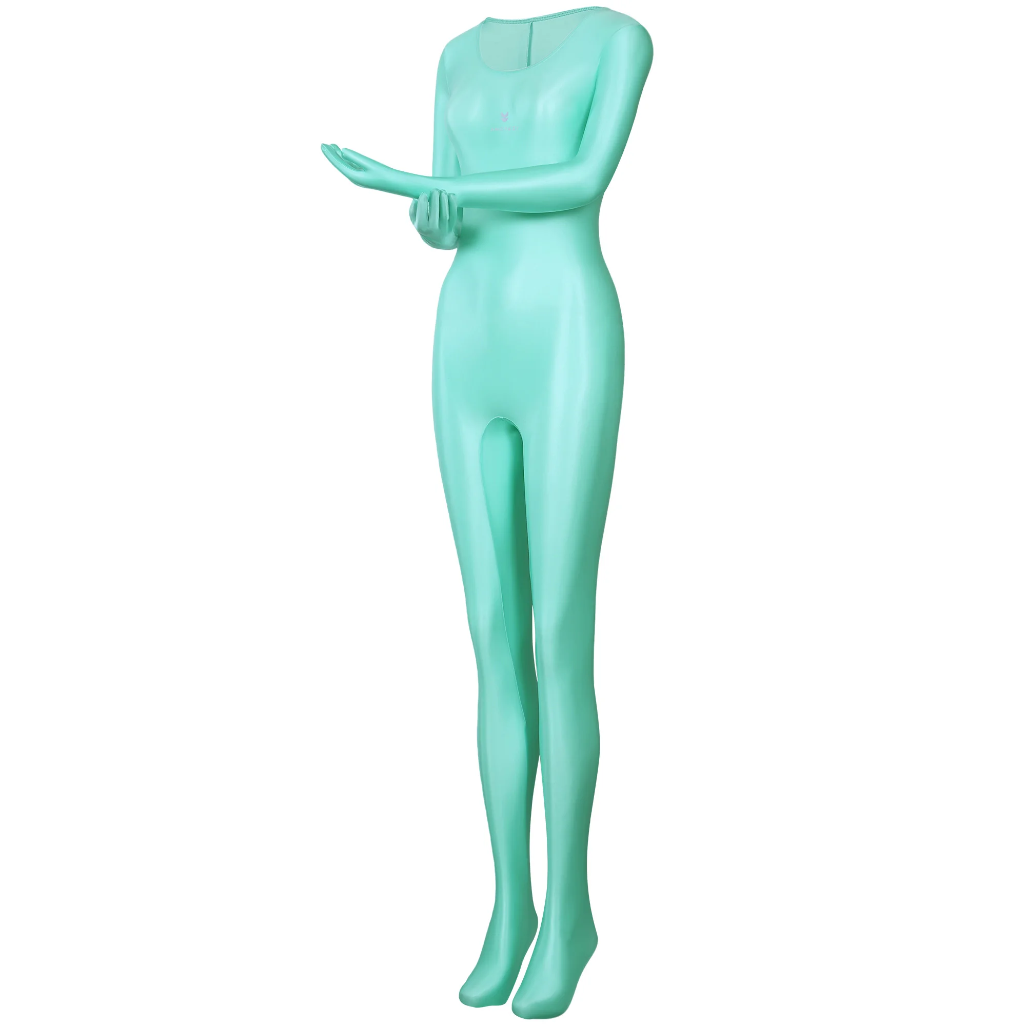 AMORESY dünner, glänzender, ölig glatter, farbenfroher Ganzkörper-Jumpsuit, einfarbig, Rundhalsausschnitt mit Handschuhen, lange Ärmel, Strumpfhose – Detail 7