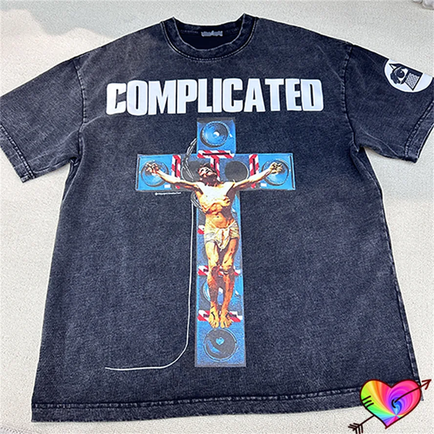 2024 Complicated Logo Tee Men Women Vintage Black Jesus T-shirt Summer Spring Wash Tops Loose Fit Short Sleeve