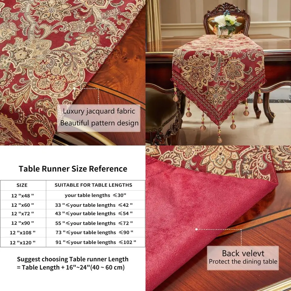 

Embroidered Jacquard Vintage Table Runner, 120 Long with Tassels, Red, 12x120 inches for Luxury Dining, Weddings, and Holidays