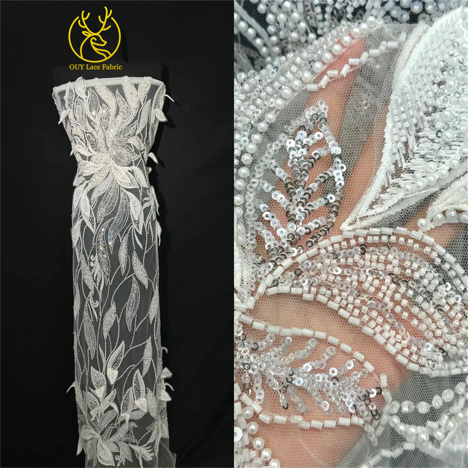 3D Hot New African Beaded Lace Fabric 5 yards Luxury French Sequins Embroidery Mesh Lace Fabric Ladies Wedding Party Dresses