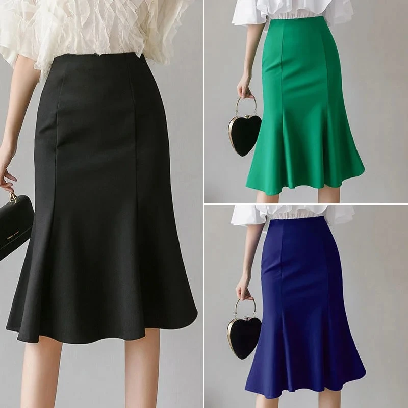 Women's Four Seasons Versatile Fashion Flare Swing Skirt Shows Thin Temperament High Waisted Half Body Professional Bag Skirt