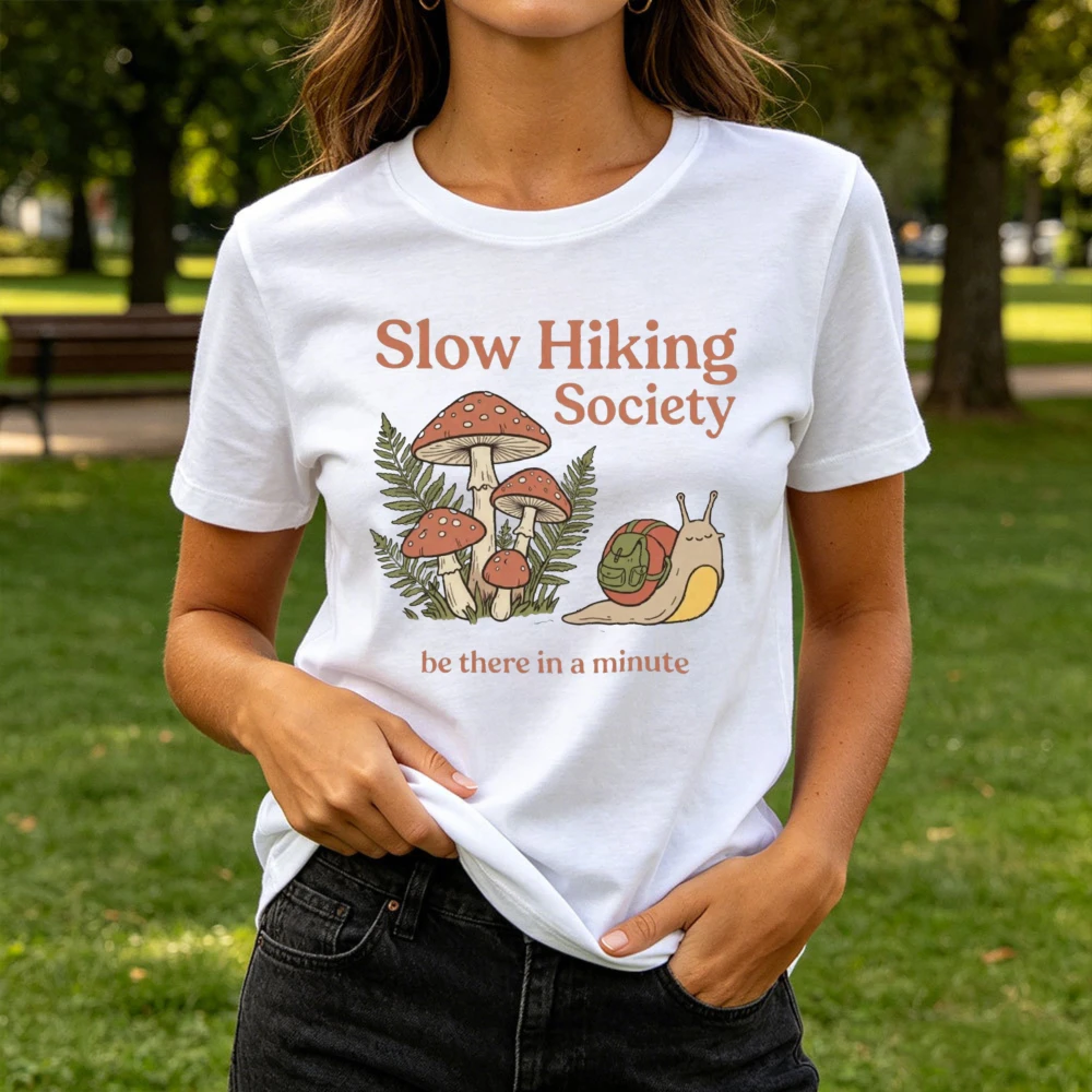 Slow Hiking Society T-Shirt Mushroom Funny Snail Illustration Nature Graphic Camping Tee Nature Hiker Lover Gift Tshirt