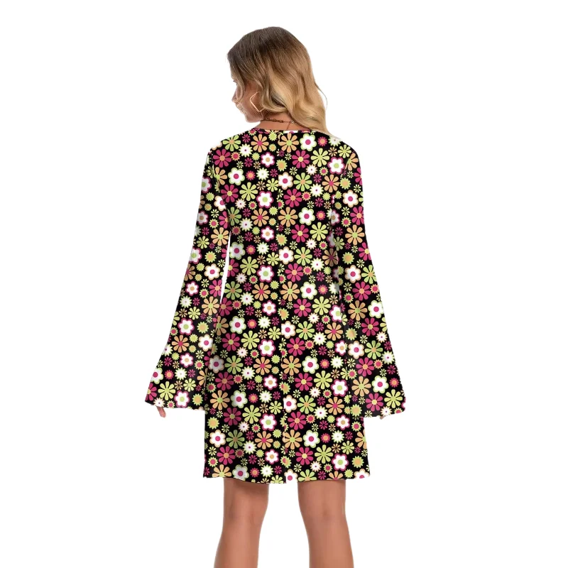 Kleid im Hip-Hop-Stil für Damen, modisches bedrucktes Outfit-Kleid, Urlaubskleidung, 70er-Jahre-Kleid im elektronischen Stil mit ausgestellten Ärmeln, Kostüm für Damen