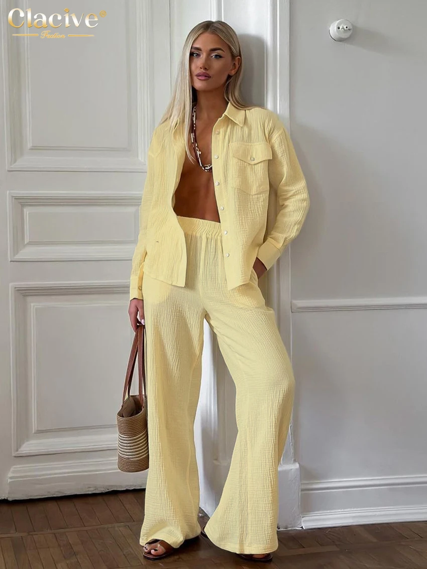 Clacive Fashion Loose Yellow Cotton Trousers Sets For Women 2 Pieces Elegant Long Sleeve Shirt With High Waist Wide Pants Set