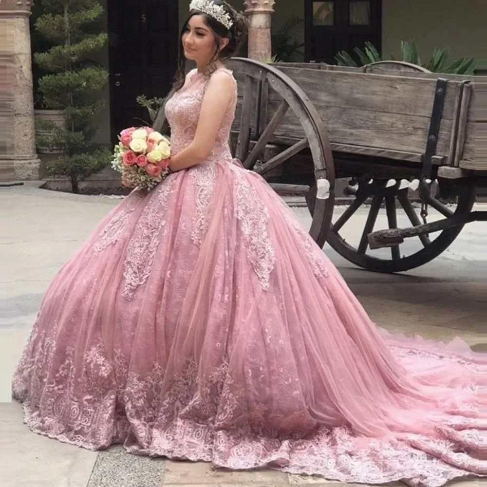 فستان Quinceanera بحمالات رفيعة وردية ، ترتر كلاسيكي ، فستان حفلات برقبة شفافة ، أنيق ، فستان حفلة مصنوع خصيصًا ، فاخر