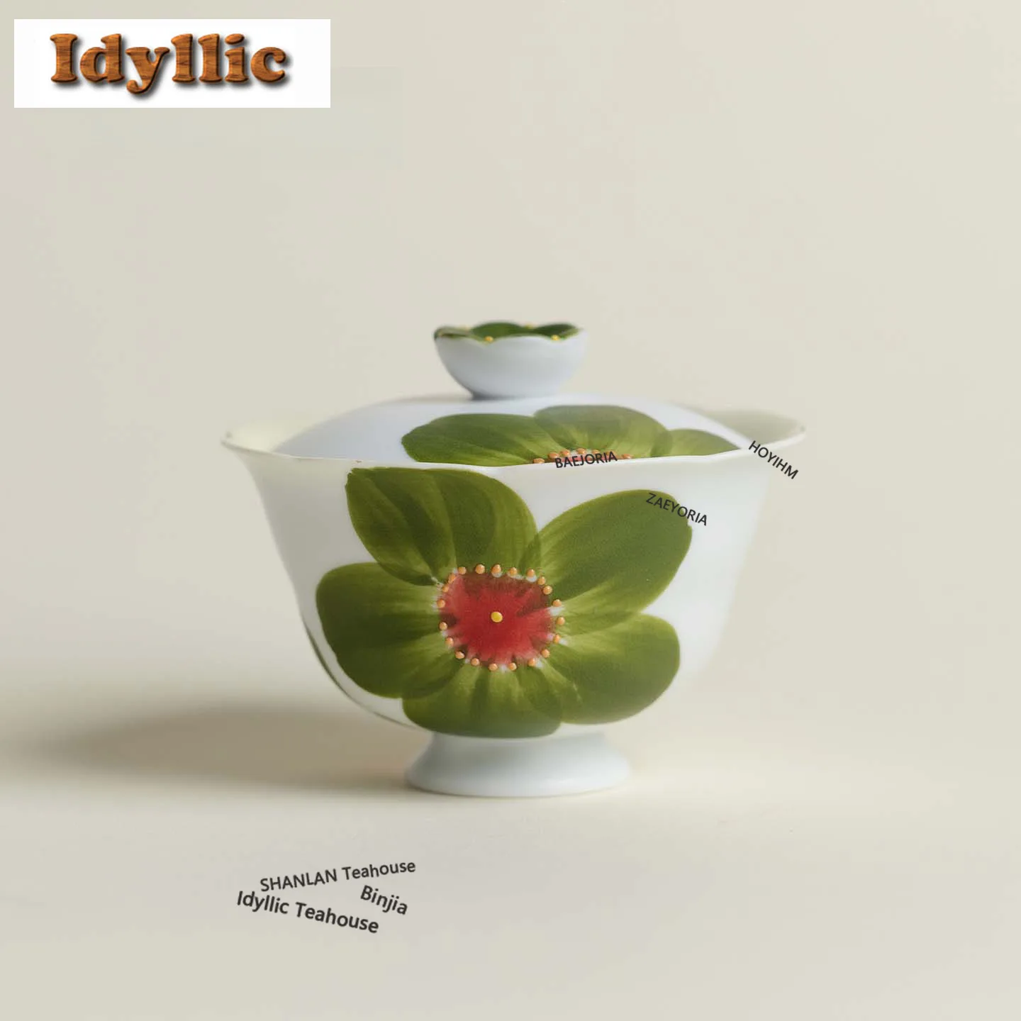 HOYIHM 100ml Hand Painted Green Calyx Stamens Gaiwan Vintage Tea Tureen Tea Bowl With Lid Kit Tea Maker Cover Bowl Cha Gifts Tea