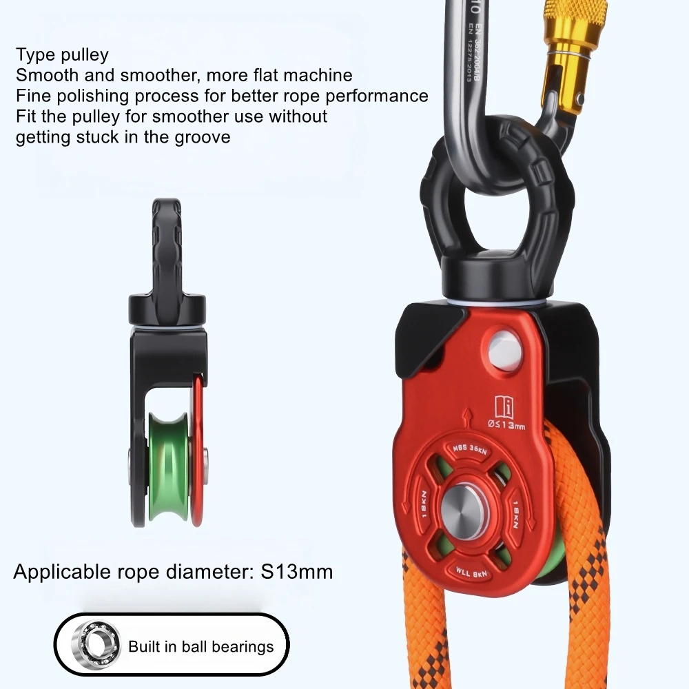 360° Rotating Universal Single Pulley for Outdoor Rock Climbing—Rotating Rope, Anti-Tangle, Side-Panel Pulley
