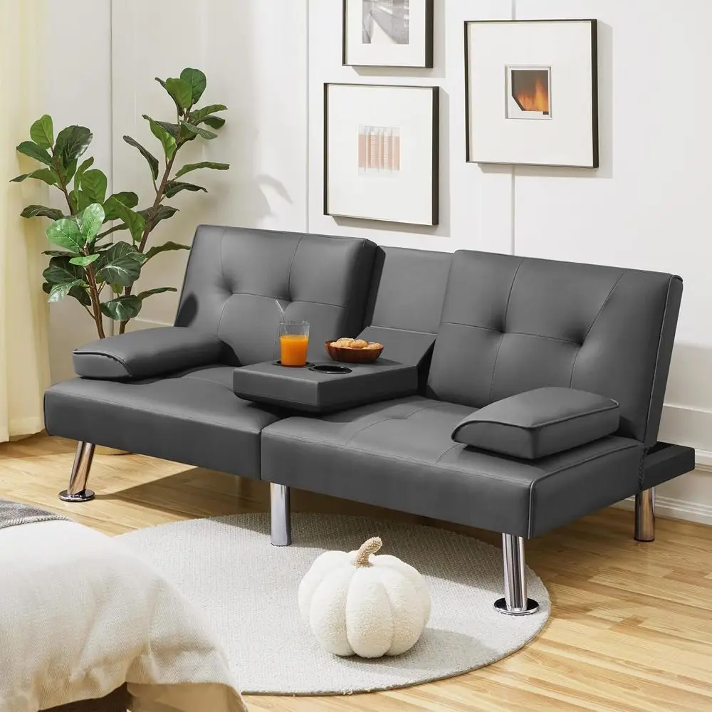 Convertible uton Soa Bed Loveseat with Cup Holder, Gray | 3 Angles Soa, Recliner Chair, Bed, Compact aux Leather Love Seat or Li