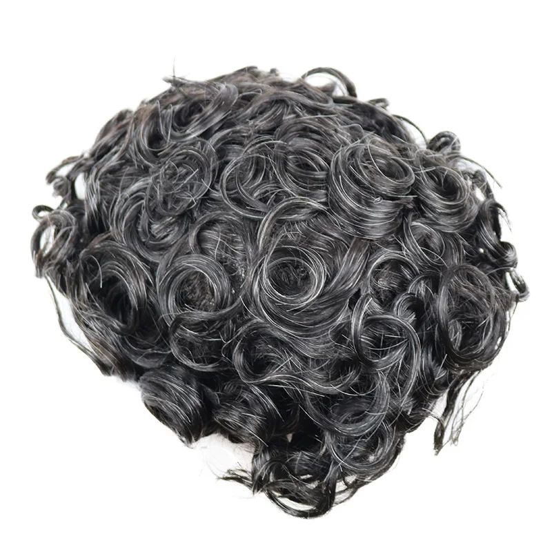 Rambut manusia abu-abu hitam pria 28MM keriting kulit penuh tahan lama sistem rambut palsu pria wig pengganti rambut palsu