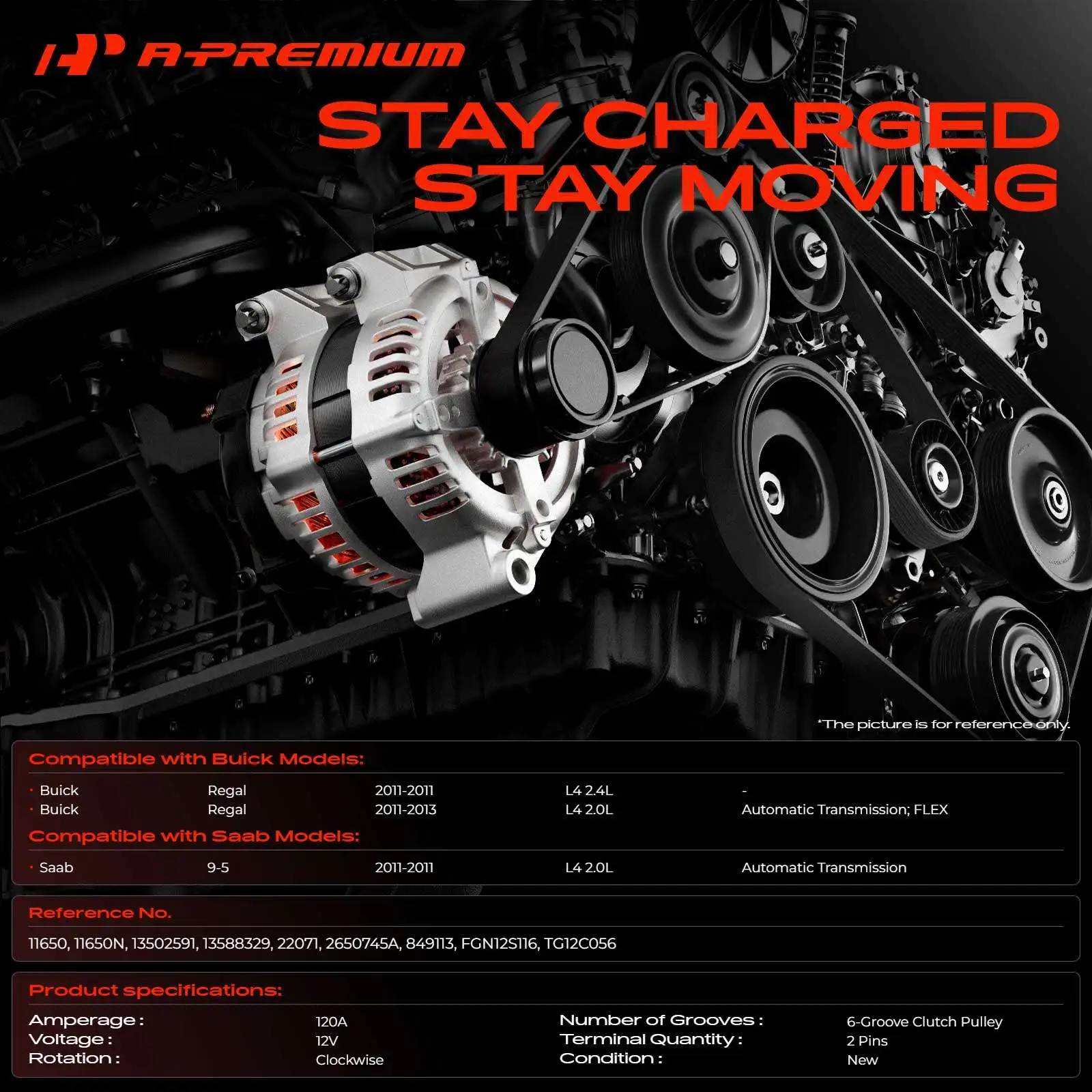 A-Premium Alternator for Buick Regal 2011 2012 2013 Saab 9-5 2011