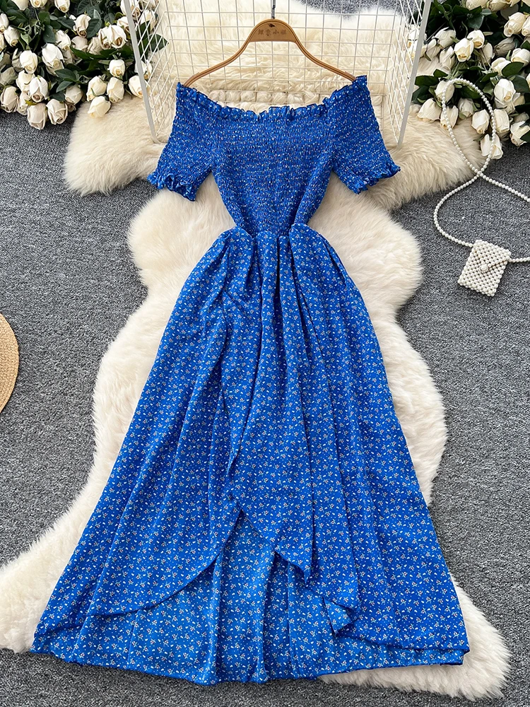 Vestidos de vacaciones en la playa para mujer, novedad de verano, estampado Floral, cuello barco, Sexy, fino, nicho, vestido con volantes irregulares, Famela A515