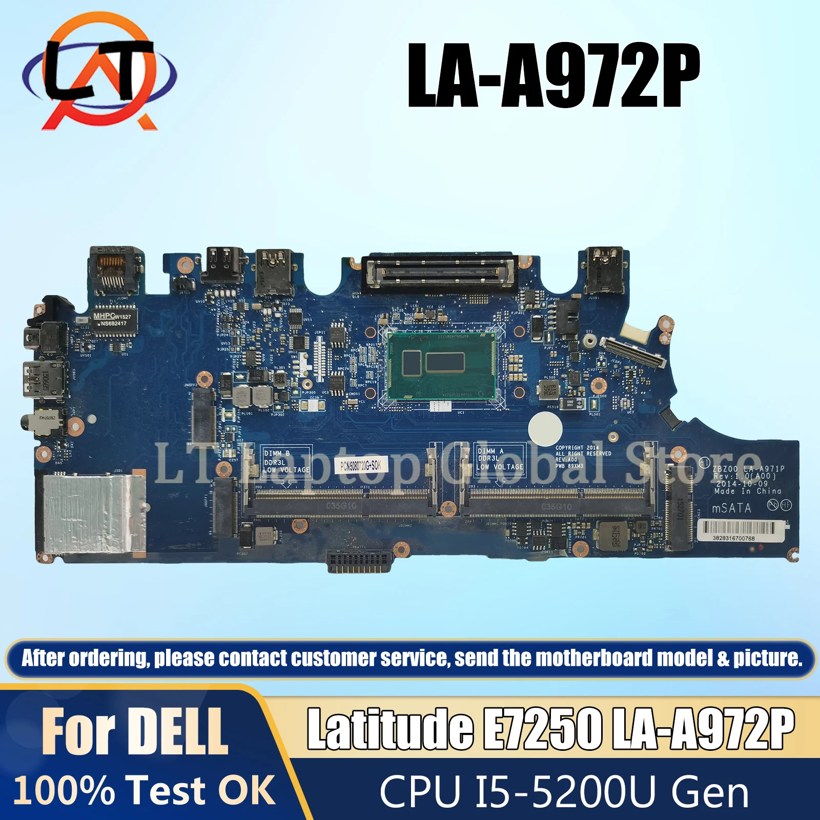 LA-A972P notebook mainboard For DELL Latitude E7250 CN-02YX3C 02YX3C Laptop Motherboard I5-5200U DDR3 