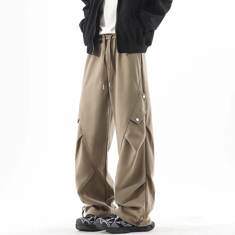 الذكور البضائع السراويل النمط الأمريكي مطوي واسعة الساق فضفاضة تناسب فائدة السراويل ربيع الخريف الشارع الشهير عادية مستقيم الساق بنطلون