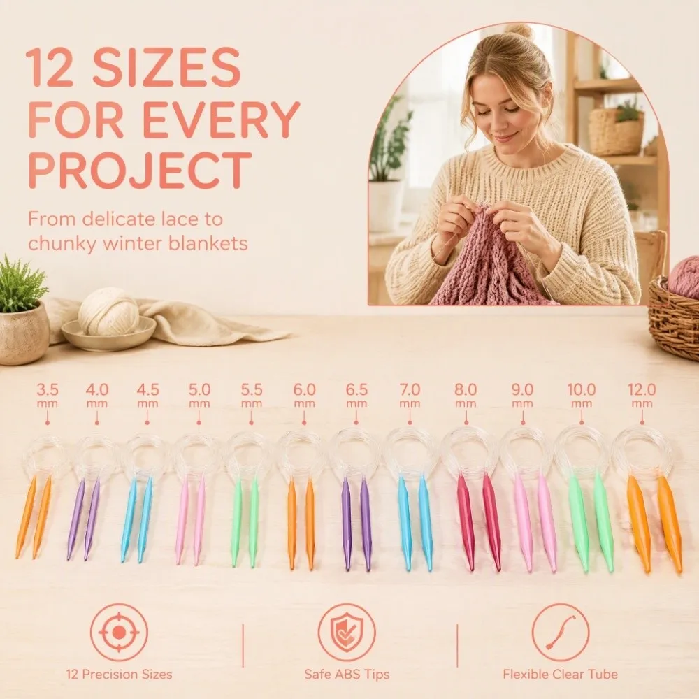 12pcs 40cm Length Circular Knitting Needles Multicolor Plastic 3.5-12mm Sizes Sweater Needles Kit Tube Circular
