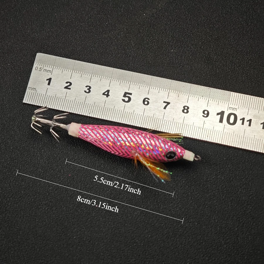 5 Stück/Box Horizontaler Tintenfisch-Jig Egi-Set Leuchtender Tintenfisch-Köder Laser-Leuchteffekt mit Federschirm-Haken für Salzwasser Tintenfisch Oktopus – Detail 1