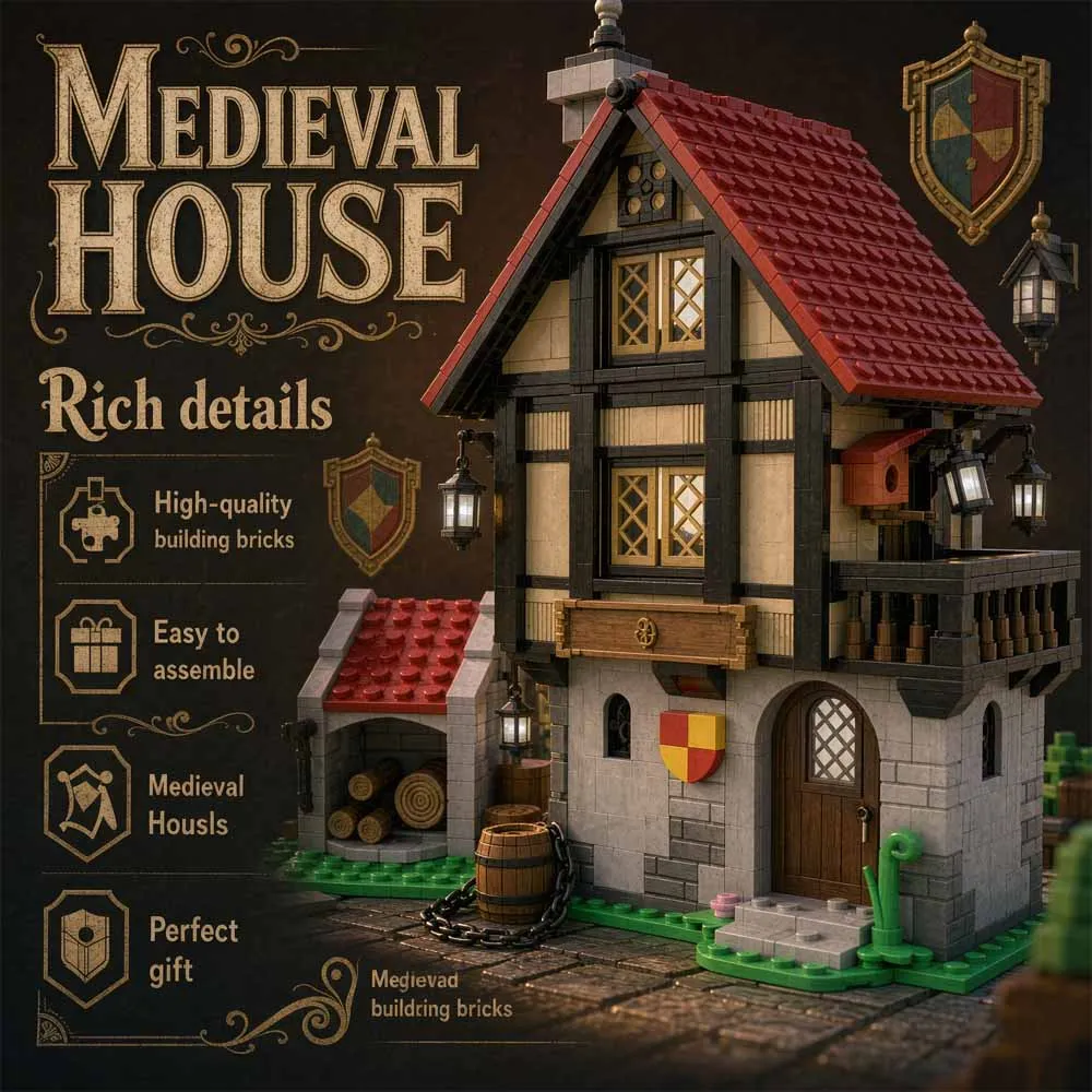 MOC-82740 Medieval House Building Blocks Set 519PCS Medieval Village Cottage Model Bricks Kit Street View Toy For Adult Gifts