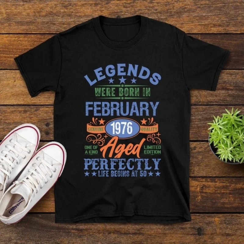 Legends Were Born in 1976 50th Birthday Gift Tee Women and Men Custom Birth Month Graphic T-Shirt Casual Regular Short Sleeve