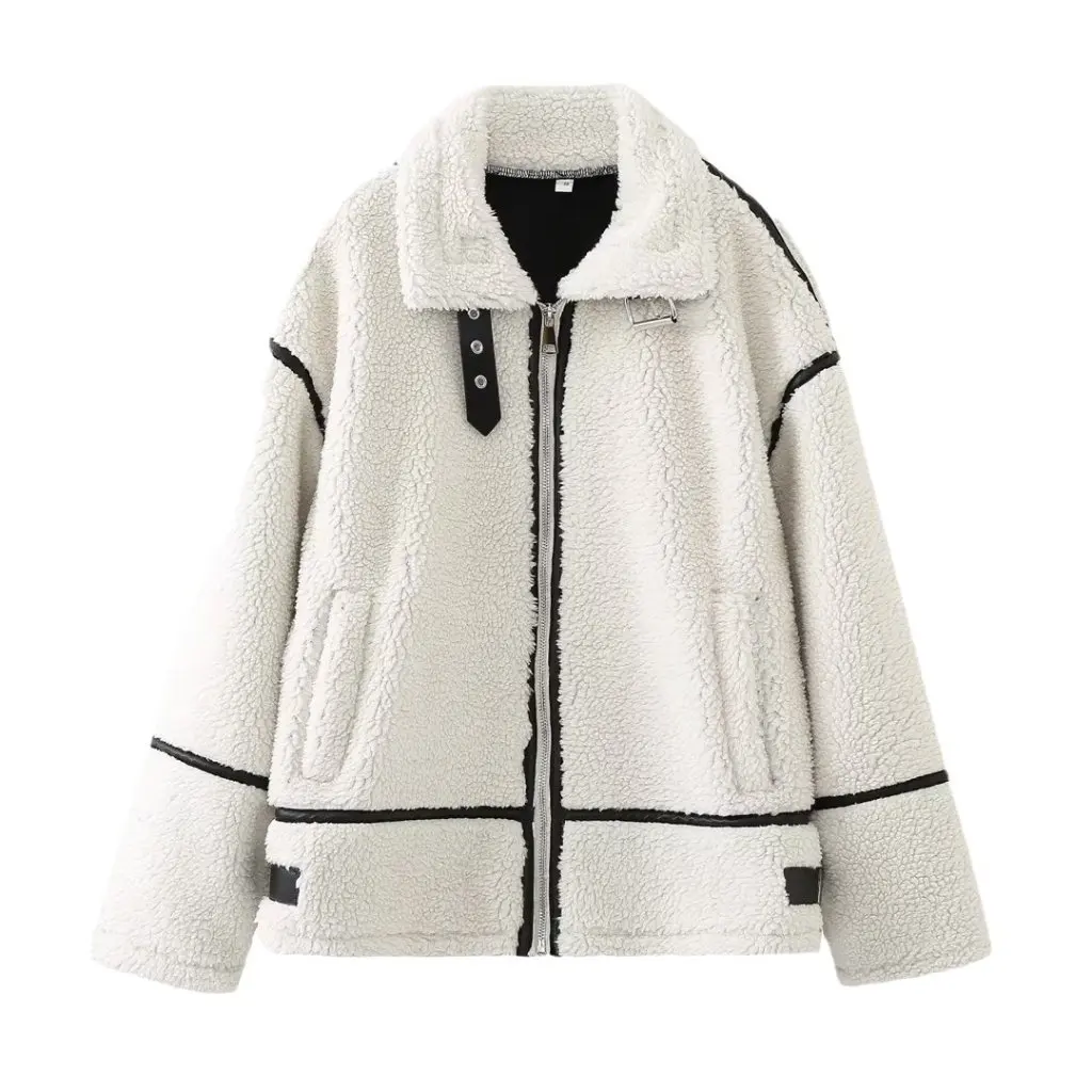 Women's Loose Stitching Lambswool Jacket European And American Style Autumn Winter Fashion Versatile Clothing 23 JM