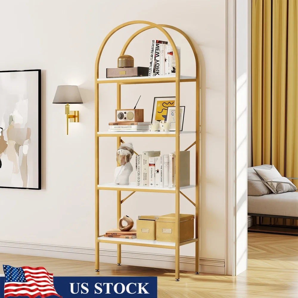 

Gold Arched Bookshelf 4 Tier Open Storage Rack Modern Metal Frame Organizer Decorative Display Shelf Living Room Bedroom