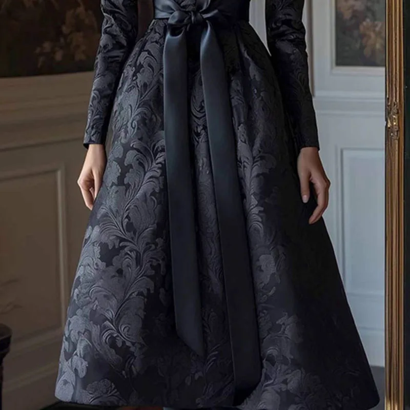 Retro Floral Print Satin Lace-up Bow Long Dress Spring V Neck High Waist Elegant Party Dress Fall Long Sleeve Woman Maxi Dresses