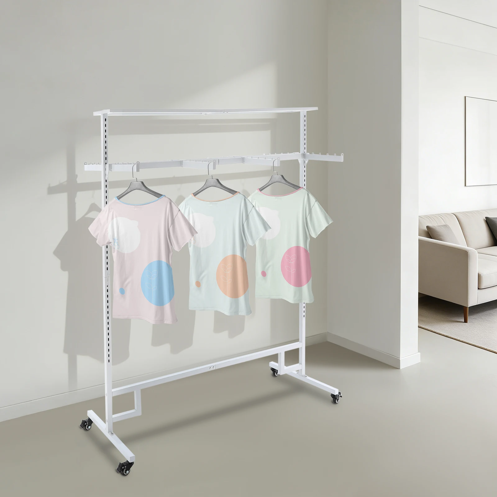 

White Clothing Display Rack with 4 Wheels, 150*50*155cm Floor Standing Garment Rack, 8 Arms Iron Clothing Rack, Capacity 150kg