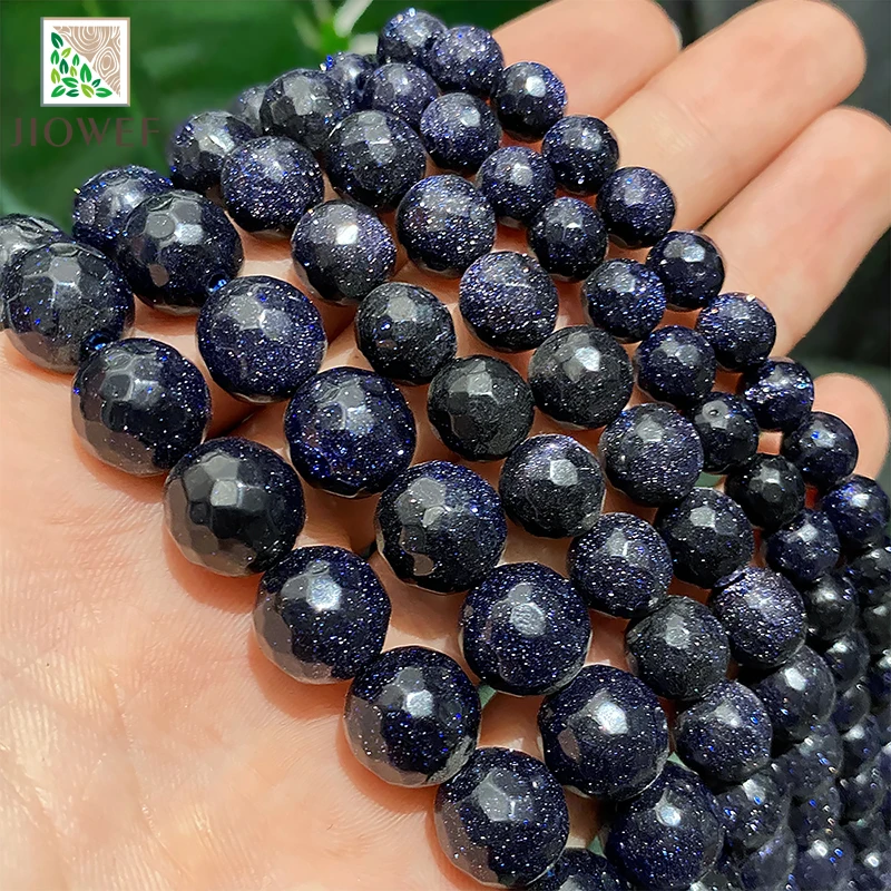 Natural Stone Smooth Faceted Blue SandStone Round Loose Beads For DIY Jewelry Making Bracelet Accessories 15'' 4/6/8/10/12mm