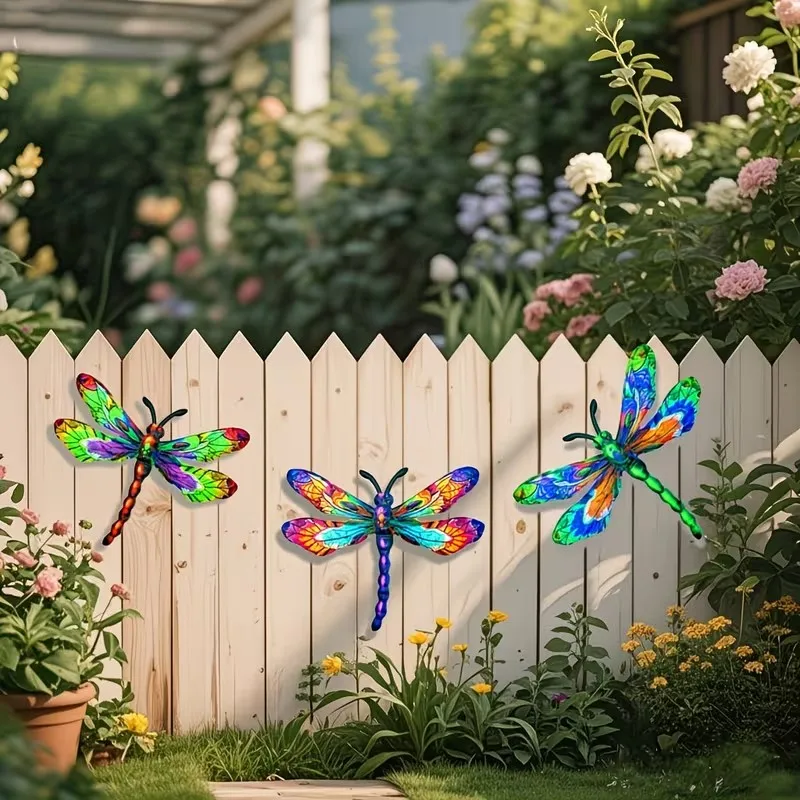 3pcs Colorful metal dragonfly statue wall decor, suitable for garden, courtyard, and outdoor fence wall art decoration