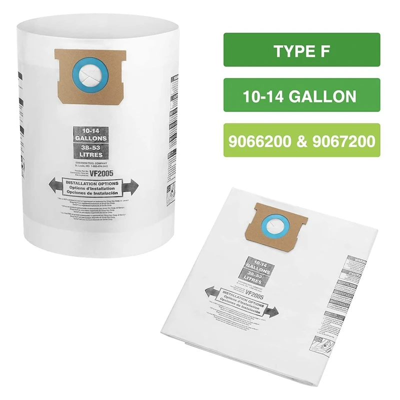 Paquete de 10 bolsas de filtro de colección VF2005 para Shop-Vac 9066200   10-14 galones tipo F + tipo I, reemplaza la pieza 90662 y 90672