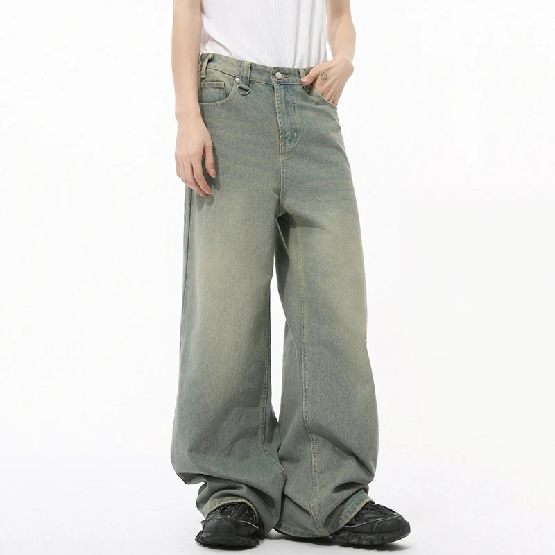 Iefb 2024 outono calças jeans dos homens em linha reta droop vintage solto inferior em linha reta perna larga casual calças masculinas estilo