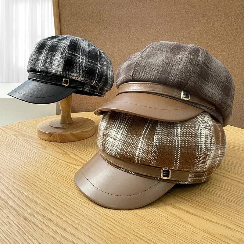 

New PU Leather Brim Plaid Octagonal Hat Children Autumn and Winter Travel Temperament Beret Retro Casual Newsboy Hat