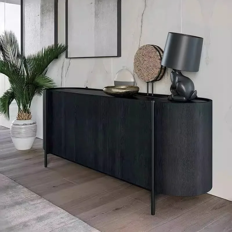Italian minimalist arc black oak solid wood side cabinet, tea cabinet, wabi-sandy wind entrance cabinet
