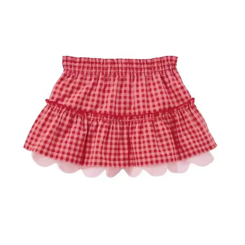 Children's Skirt 2024 Summer New Girl Cartoon Fugui Rabbit Embroidered Plaid Pleated Skirt