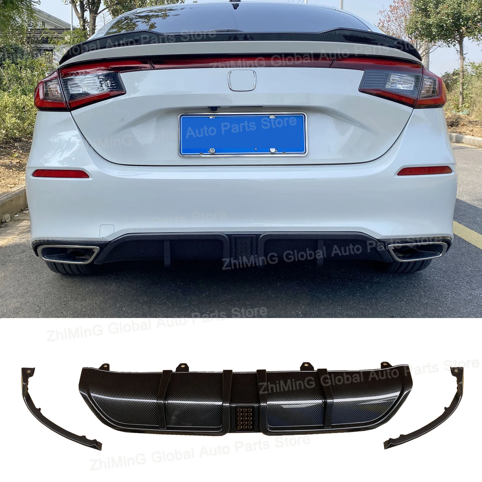 For the 11th Generation Honda Civic 2023 Hatchback FL1 Rear Bumper Rear Diffuser Lip Spoiler with Pilot Light Style