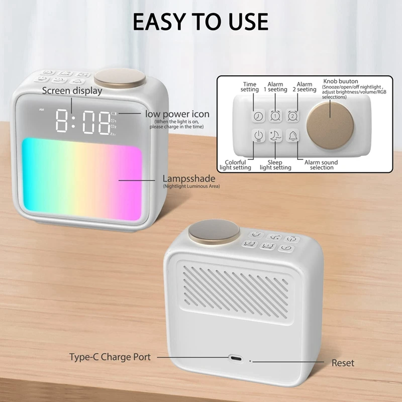 Alarm Clock For Heavy Sleepers With Sleep Aid & Night Light, Wake Up Sounds & RGB Colors, Rechargeable, Dual Alarm Easy Install