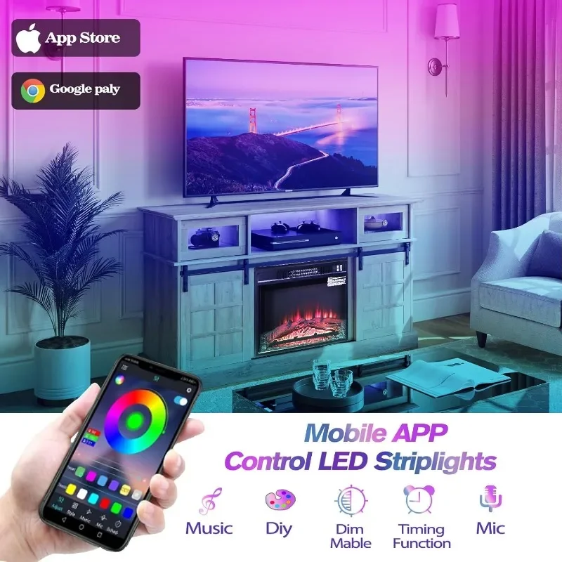 حامل تلفزيون LGHM LED Fireplace، مركز ترفيه لأجهزة التلفاز مقاس 65 بوصة، وحدة تحكم تلفزيون مع مدفأة كهربائية مقاس 23 بوصة، تلفزيون باب المزرعة