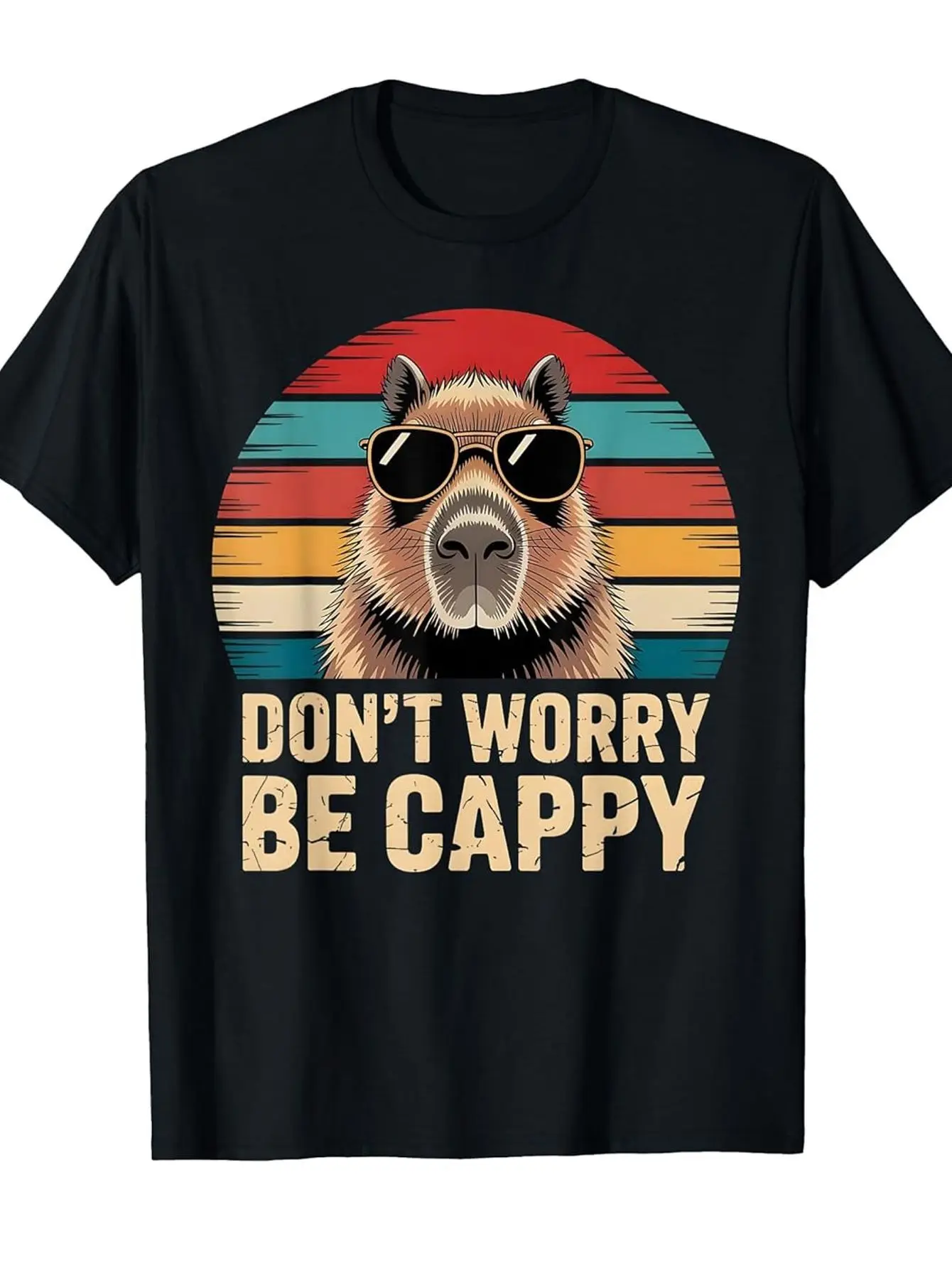 Funny Capybara Don't Worry Be Cappy Retro Graphic Tee Breathable Cotton Short Sleeve T-Shirt for Adults