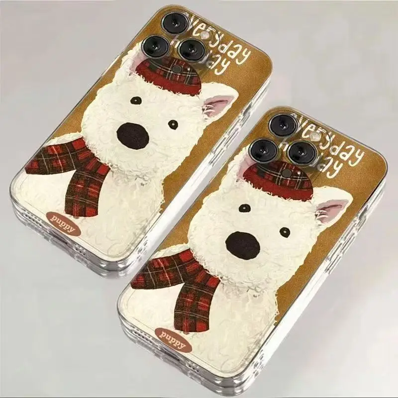 Elegant White Dog Phone Case For iPhone 16 15 14 13 12 11 Pro XS MAX 7 XR 8 7 Plus Clear Cover Fundas