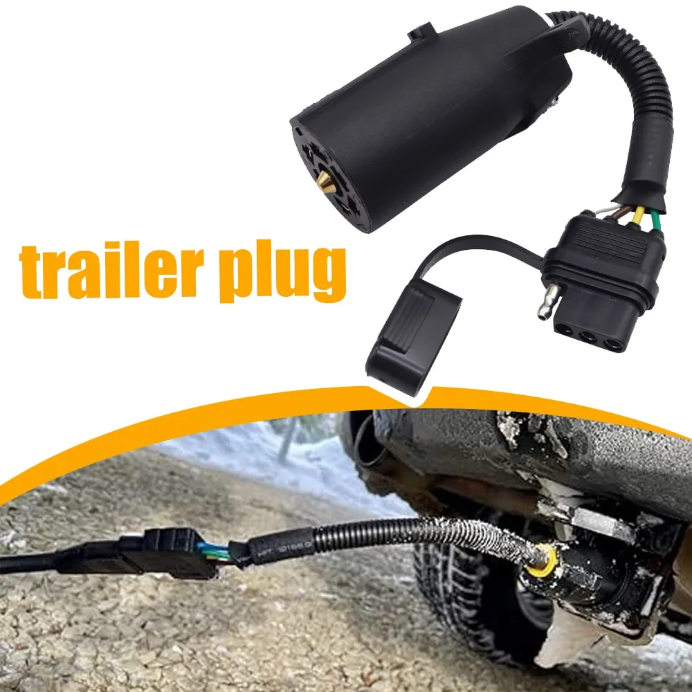 Trailer Plug Adapter 7-Pin To 4-Pin with Waterproof Cap 7 Way Round Plug Blade Connector Converts To 4 Way Flat Female Socket