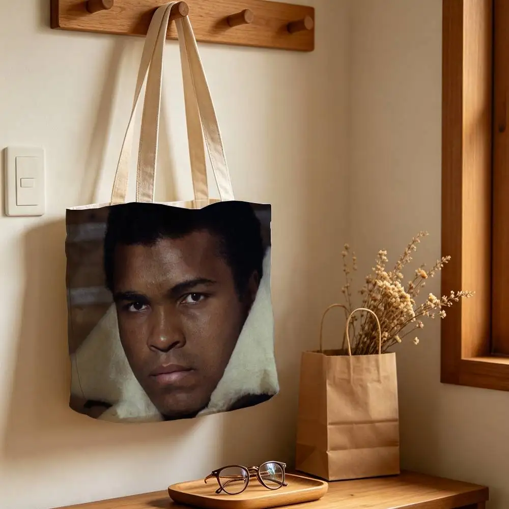 M-Muhammad Ali Boxing Legend Printed Canvas Tote Bag with Zipper for Work School and Travel